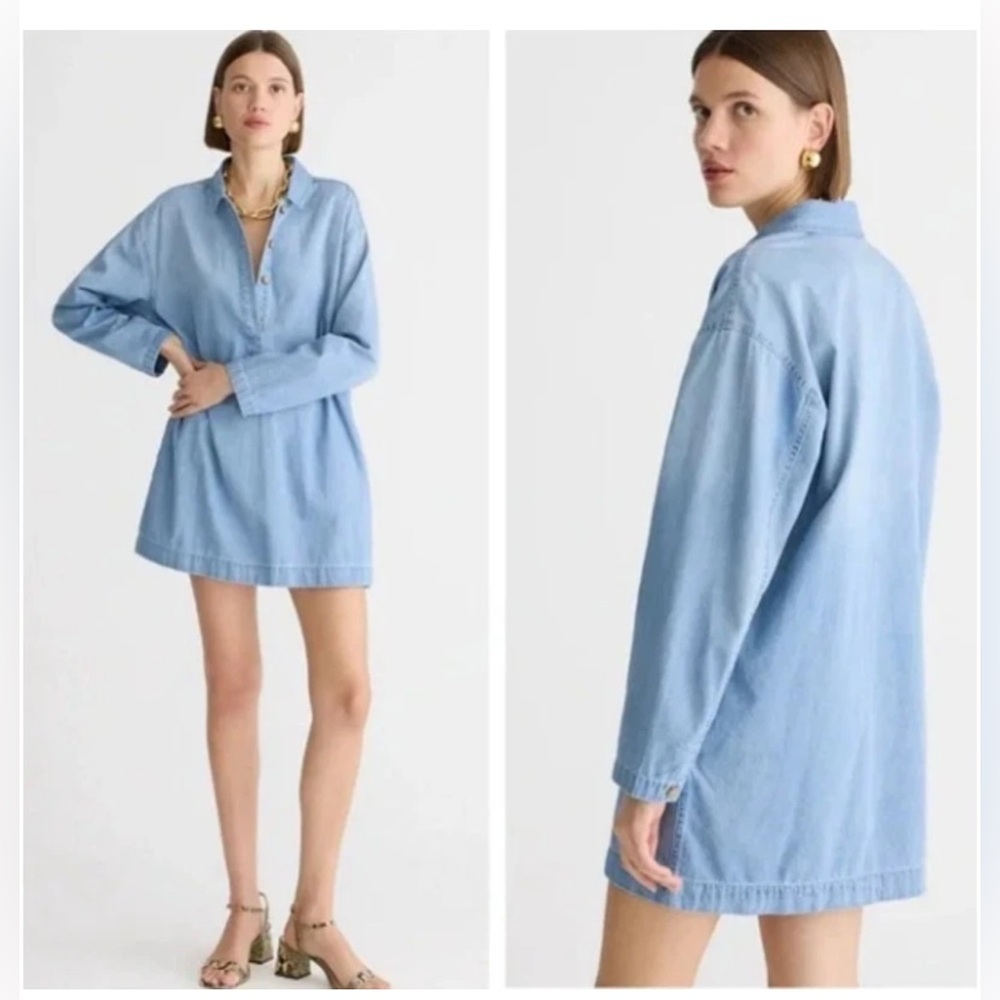J. Crew Popover Dress in Chambray Blue Denim Sz. M BY819 $118 NEW